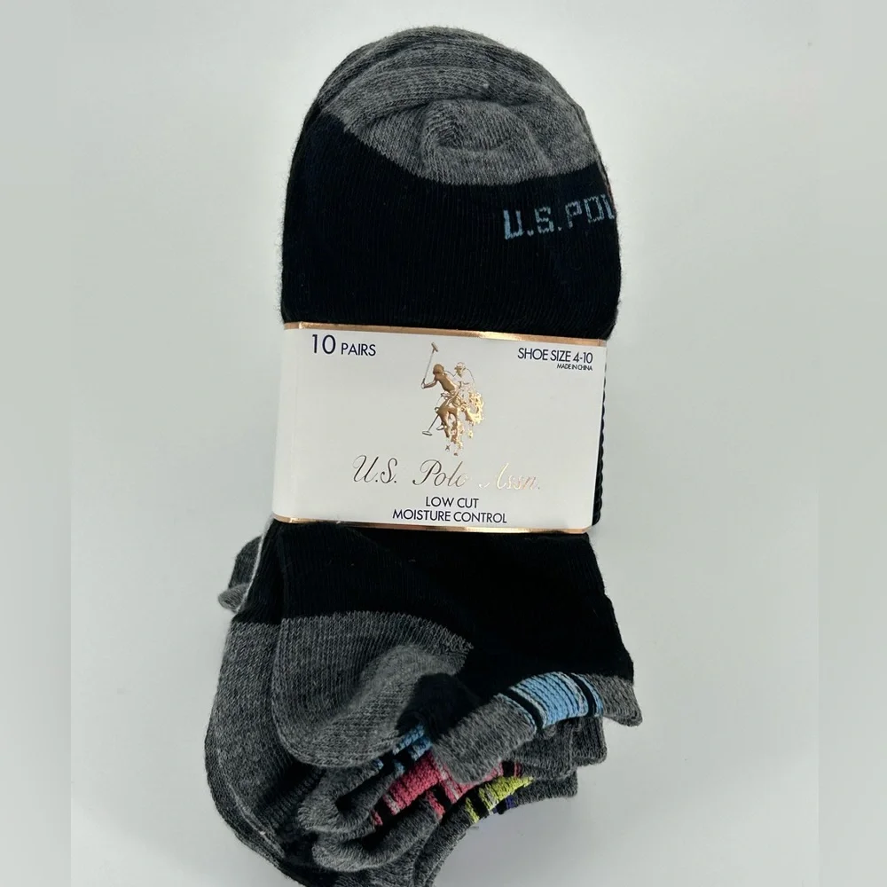 US Polo‎ Assn 10 Pack Low Cut Ankle Socks Size 4-10 NEW with Tags Black Gray